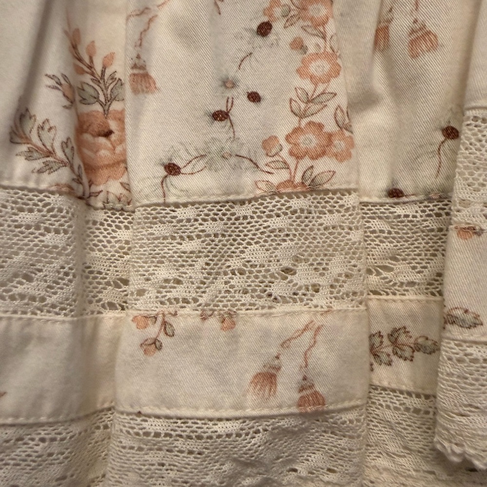 LoveShackFancy Small Floral Tiered Lace Mini Skirt - Cream with Soft Peach Print - Picture 2 of 2